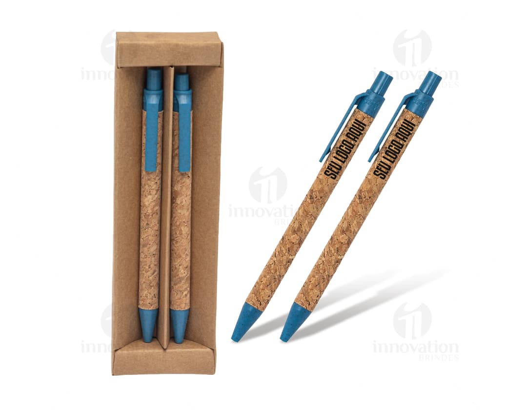 Kit ecológico com caneta e lapiseira feitos de materiais sustentáveis para escola, escritório ou desenho. Ideal para incentivar a criatividade e o trabalho artístico. Escolha uma opção eco-friendly e colorida!