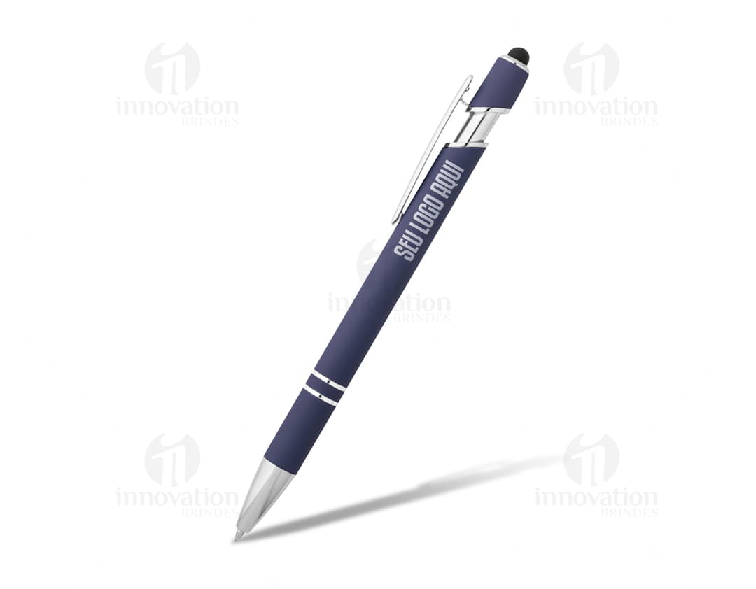 Esferográfica de alumínio com ponteira touch em tom prateado.