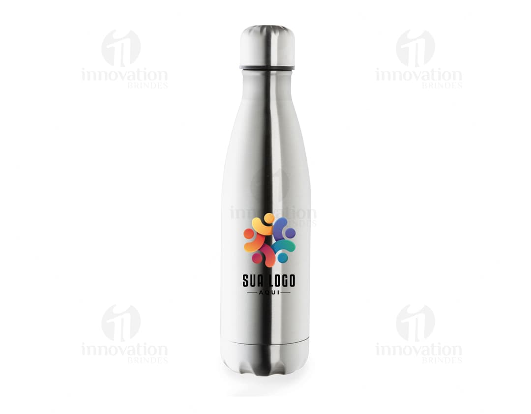 Garrafa térmica de 500ml em inox, com design elegante e clean. Toda em metal, com tampa e forma cilíndrica. Ideal para manter bebidas quentes ou frias por horas.