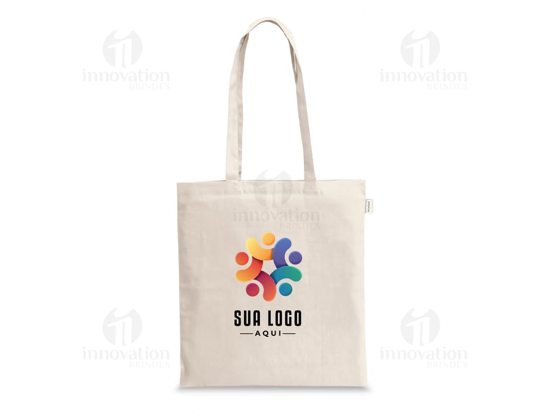 Sacola confeccionada de burlap marrom com alça de couro e fecho de zíper, vazia. Inclui etiqueta de preço e design elegante.