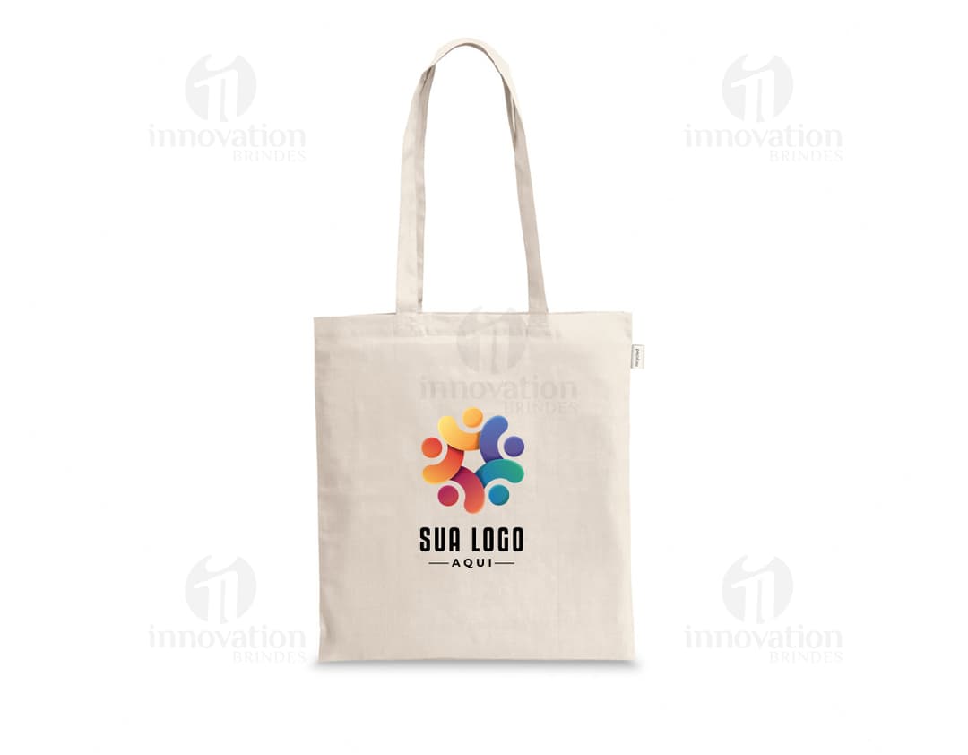 Sacola de compras de luxo marrom, feita de 100% algodão reciclado, com alça de couro, fecho de metal com cadeado, elegante e moderna.