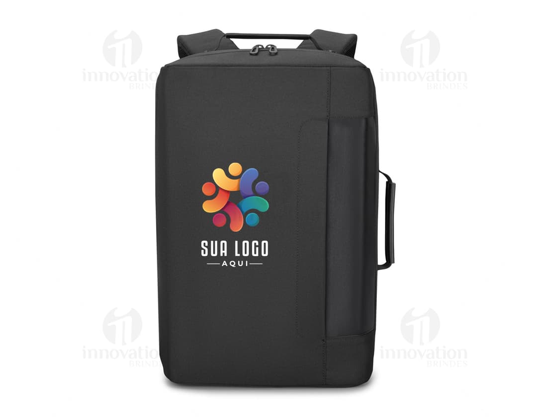 Mochila/Pasta para Notebook Premium em metal preto e prata, design moderno, com alça de couro e fecho. Perfeito para armazenar equipamentos e dispositivos tecnológicos.