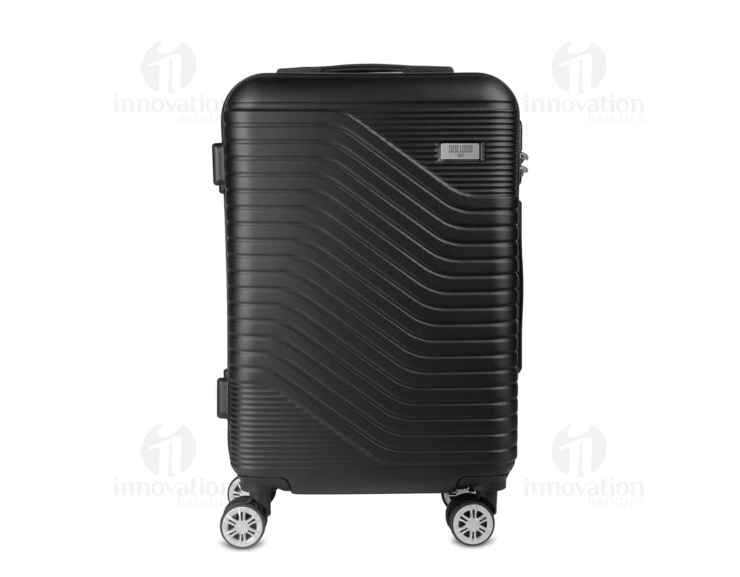 Mala de bordo em metal e couro preto, equipamento moderno com motor elétrico e dispositivo para armazenamento. Design retro com alça de couro, fecho de metal e interior espaçoso. Ideal para viagens de negócios ou lazer.