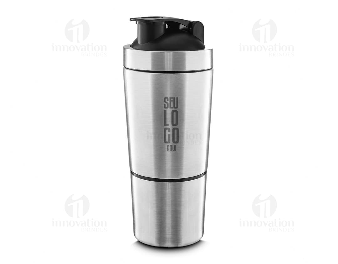 Garrafa coqueteleira de 750ml, em metal prateado, brilhante e limpa, com tampa e design elegante.