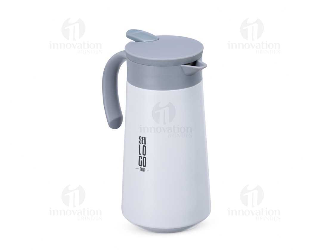 Garrafa térmica de 800ml em aço inoxidável com tampa e alça na cor prata.