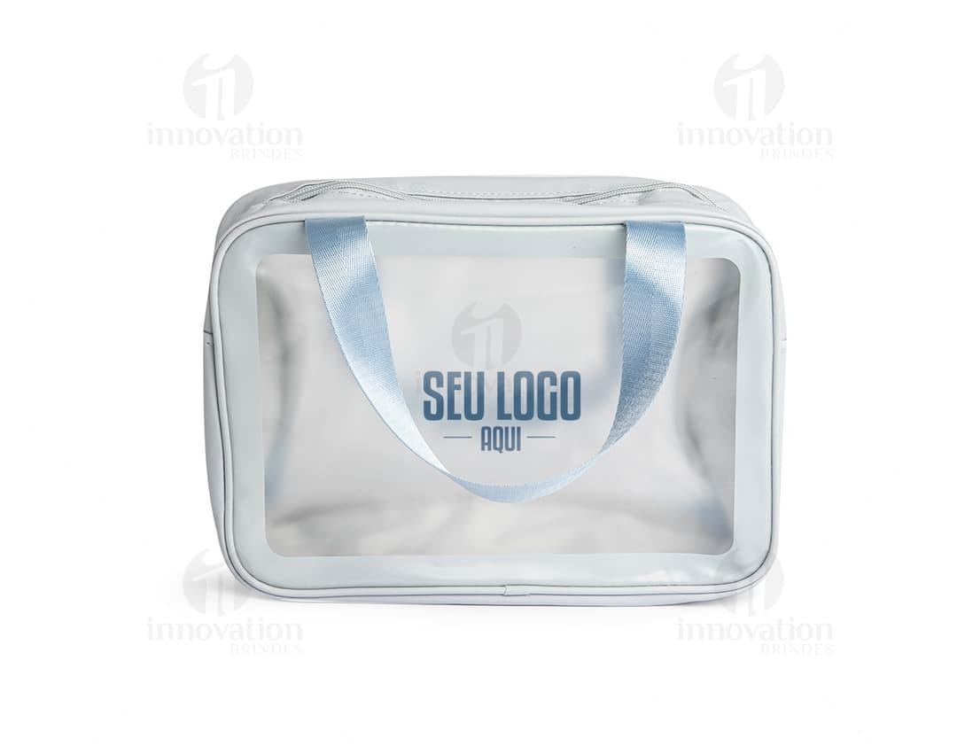 Nécessaire PVC transparente com zíper e alça.