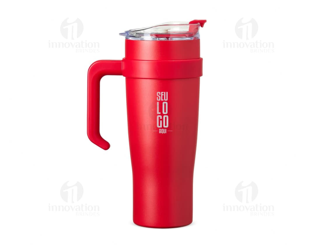 Caneca térmica de 1,2 litros na cor preta, feita de aço inoxidável, com tampa rosqueável e alça para segurar.