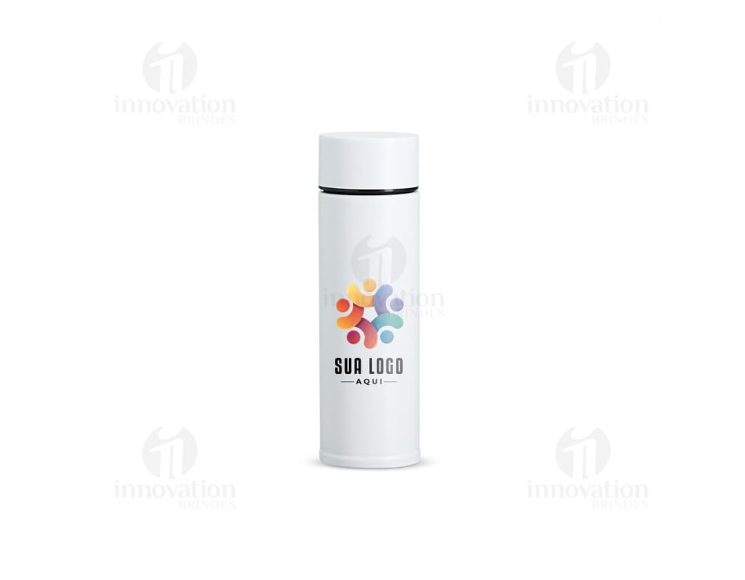 Garrafa térmica em inox de 320ml em destaque. Cor prateada, design elegante e tampa rosqueável. Ideal para manter a temperatura de líquidos por horas.