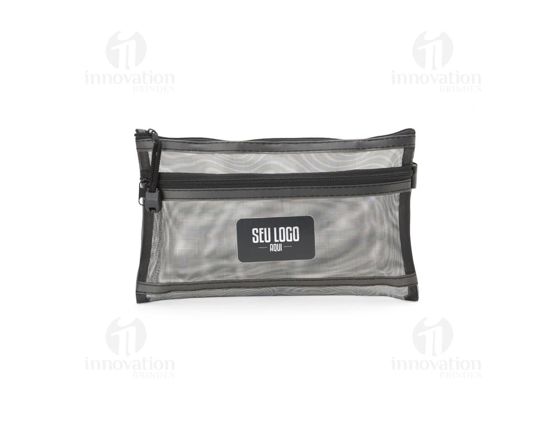 Estojo de malha de nylon preto com fecho de fivela, design moderno e elegante. Ideal para armazenar dinheiro, objetos pessoais e acessórios de negócios com estilo e praticidade.