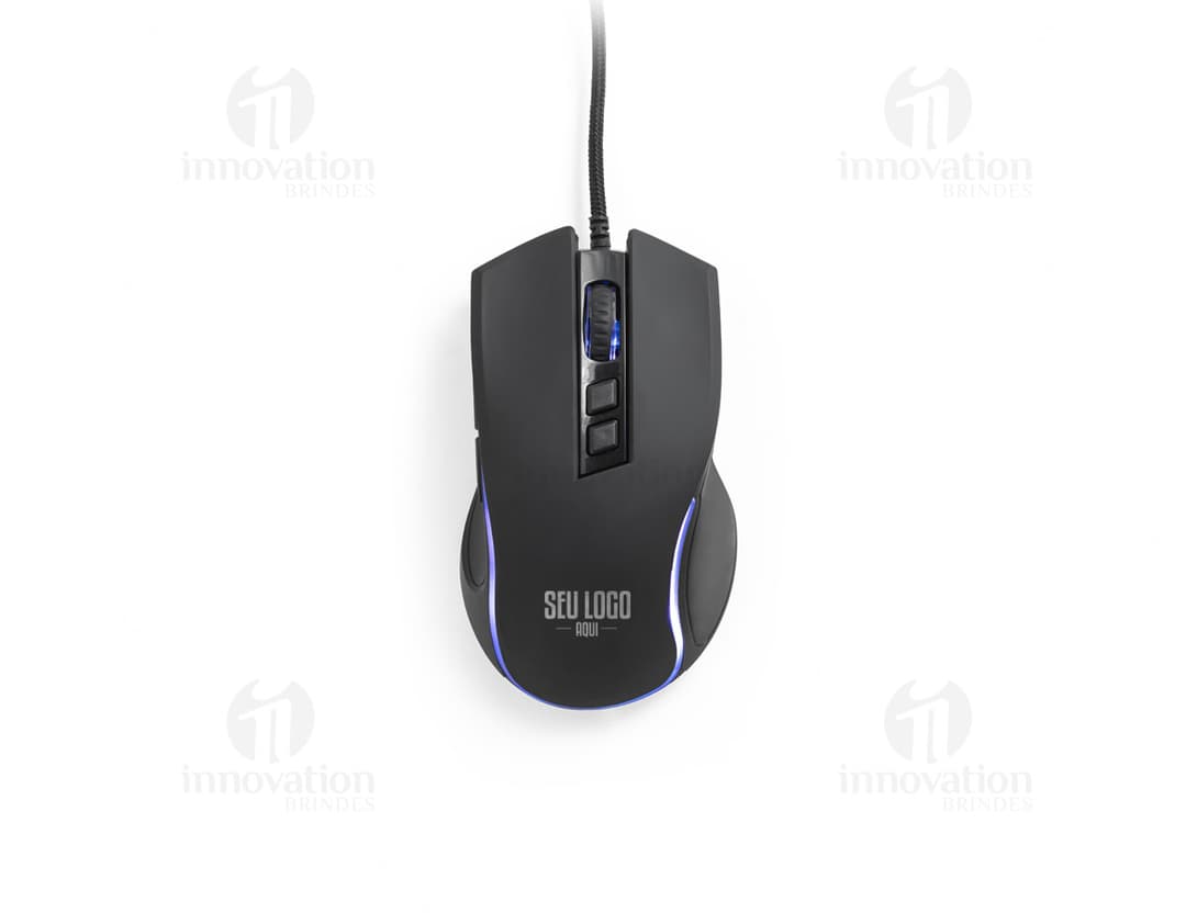 Mouse para jogos em cor preta e prata, com tecnologia óptica, botões de clique e rolagem, cabos de conexão, design moderno e sem fio. Ideal para uso em jogos de computador e equipamentos eletrônicos.