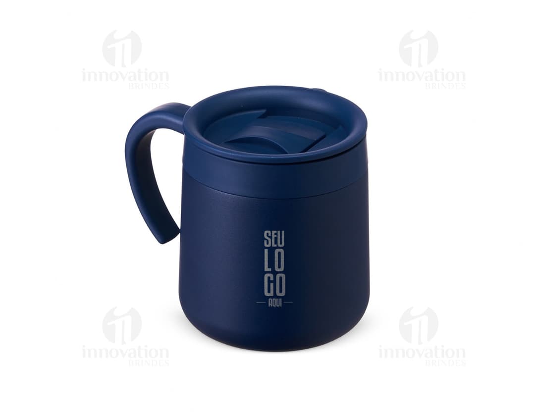 Caneca Térmica Inox 350ml em fundo branco, sem estampa, com tampa rosqueável e alça para transporte.