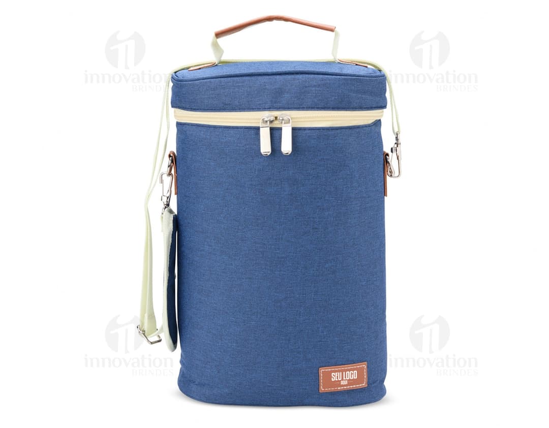 Porta-Garrafas Térmico Duplo em aço inoxidável com design elegante e alça para facilitar o transporte. Ideal para manter a temperatura de garrafas de bebidas. Disponível na cor prata.