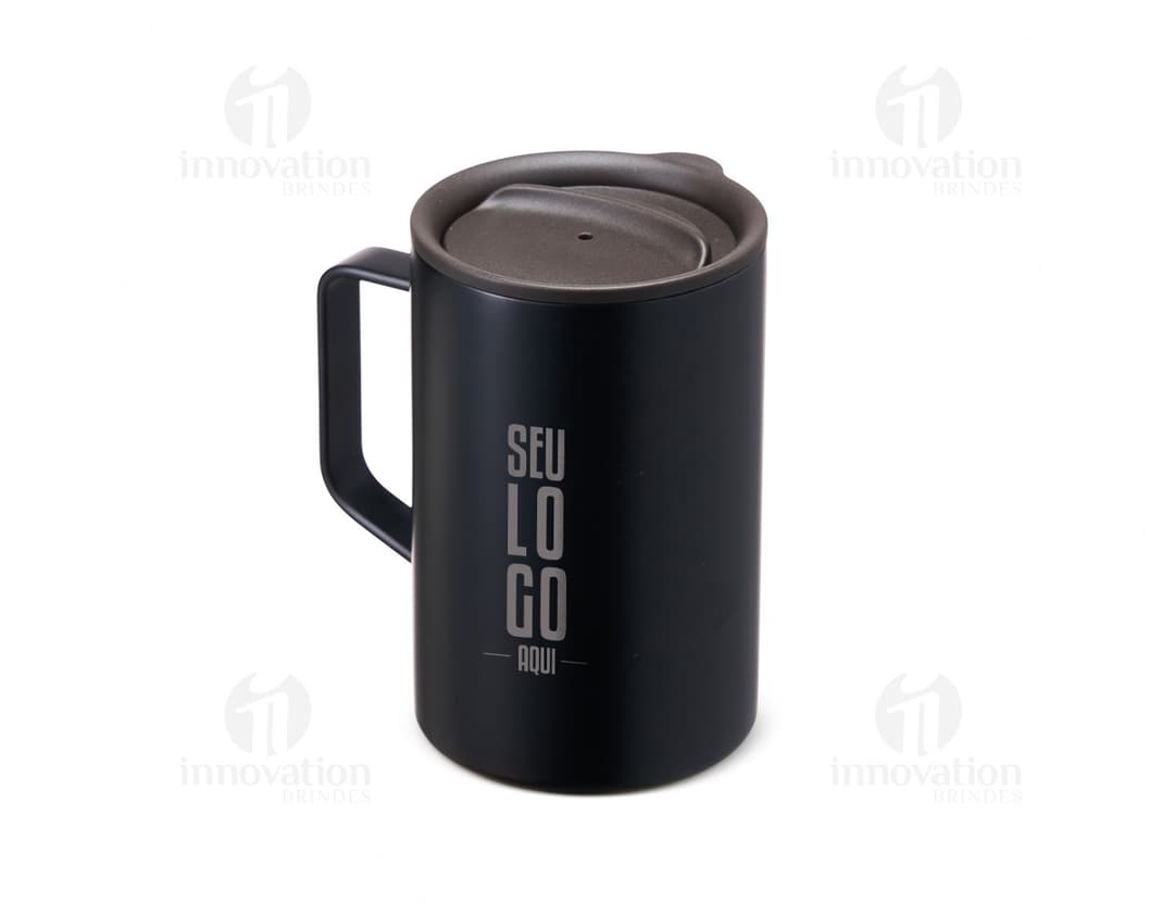 Caneca inox de parede dupla com capacidade de 350ml, ideal para manter a temperatura de bebidas.