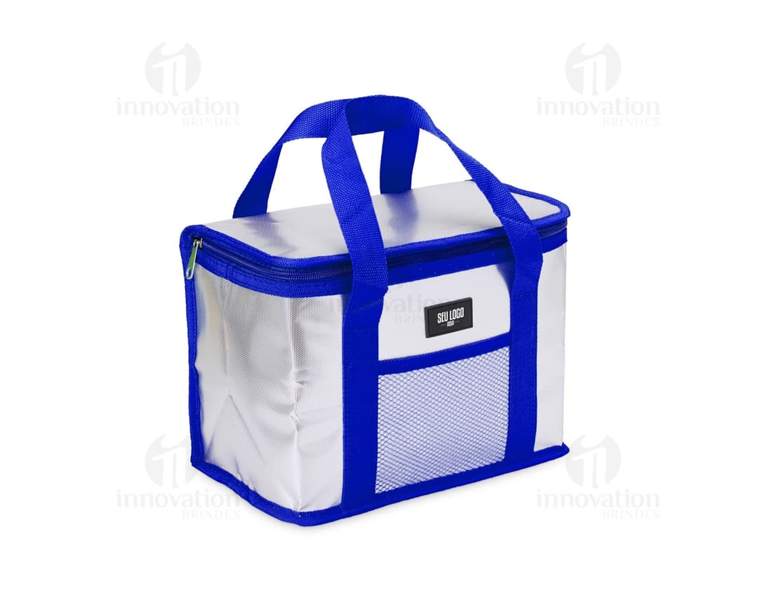 Bolsa térmica de 9,5 litros em cor azul, feita de material resistente e com alça ajustável.