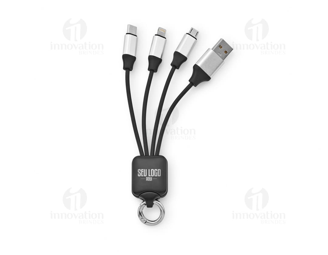 Cabo USB de carregamento rápido 3 em 1, com conexões para dispositivos Apple, Android e Tipo C.