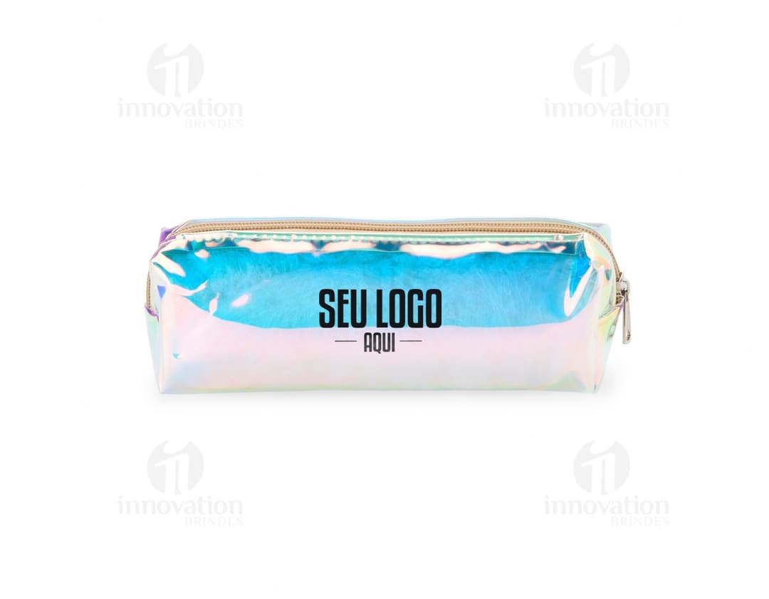 Estojo plástico holográfico com cores vibrantes e efeito holográfico.