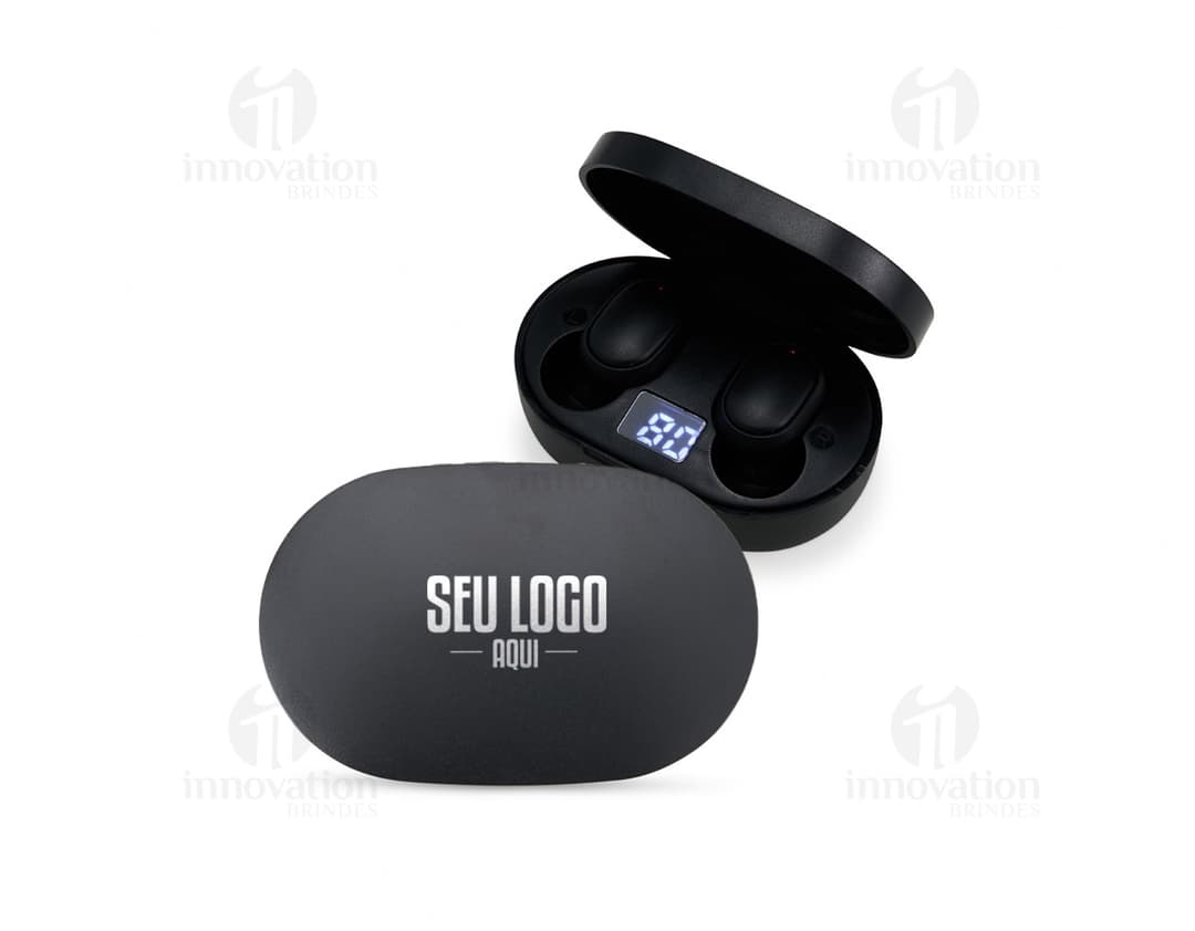 Fone de Ouvido Bluetooth preto com design moderno e tecnológico.