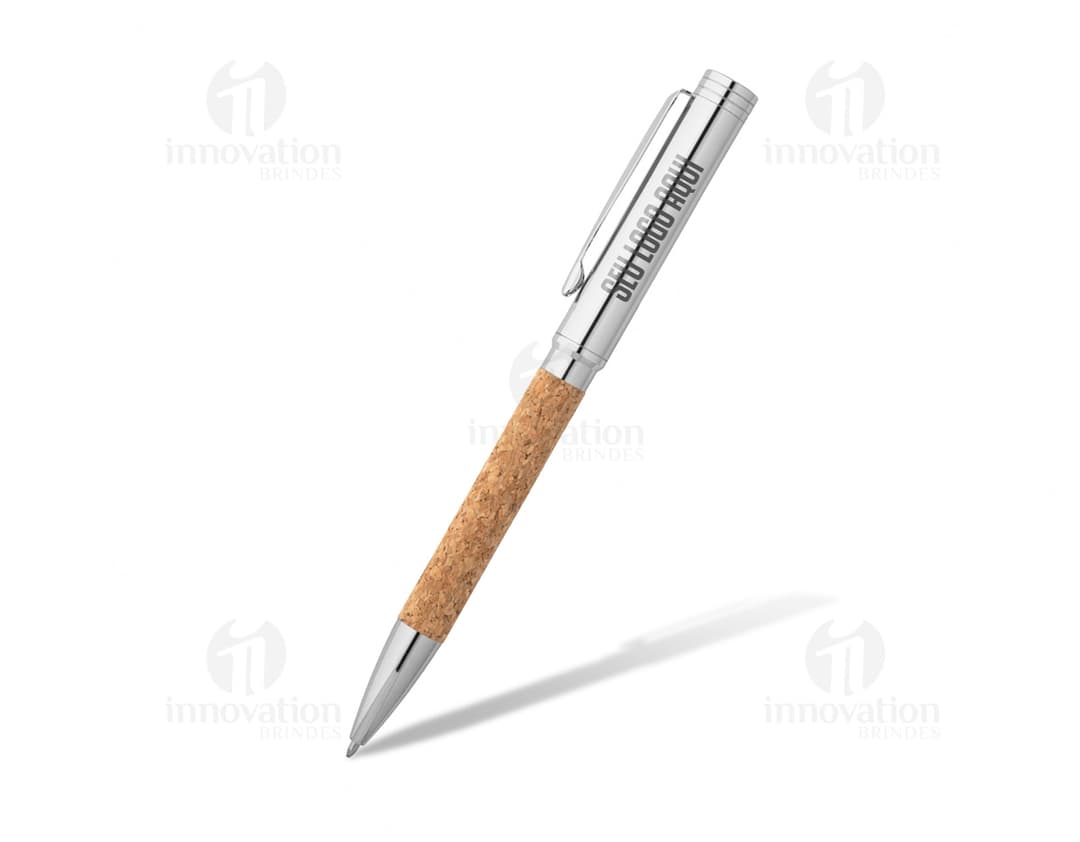 Esferográfica feita de cortiça e metal.