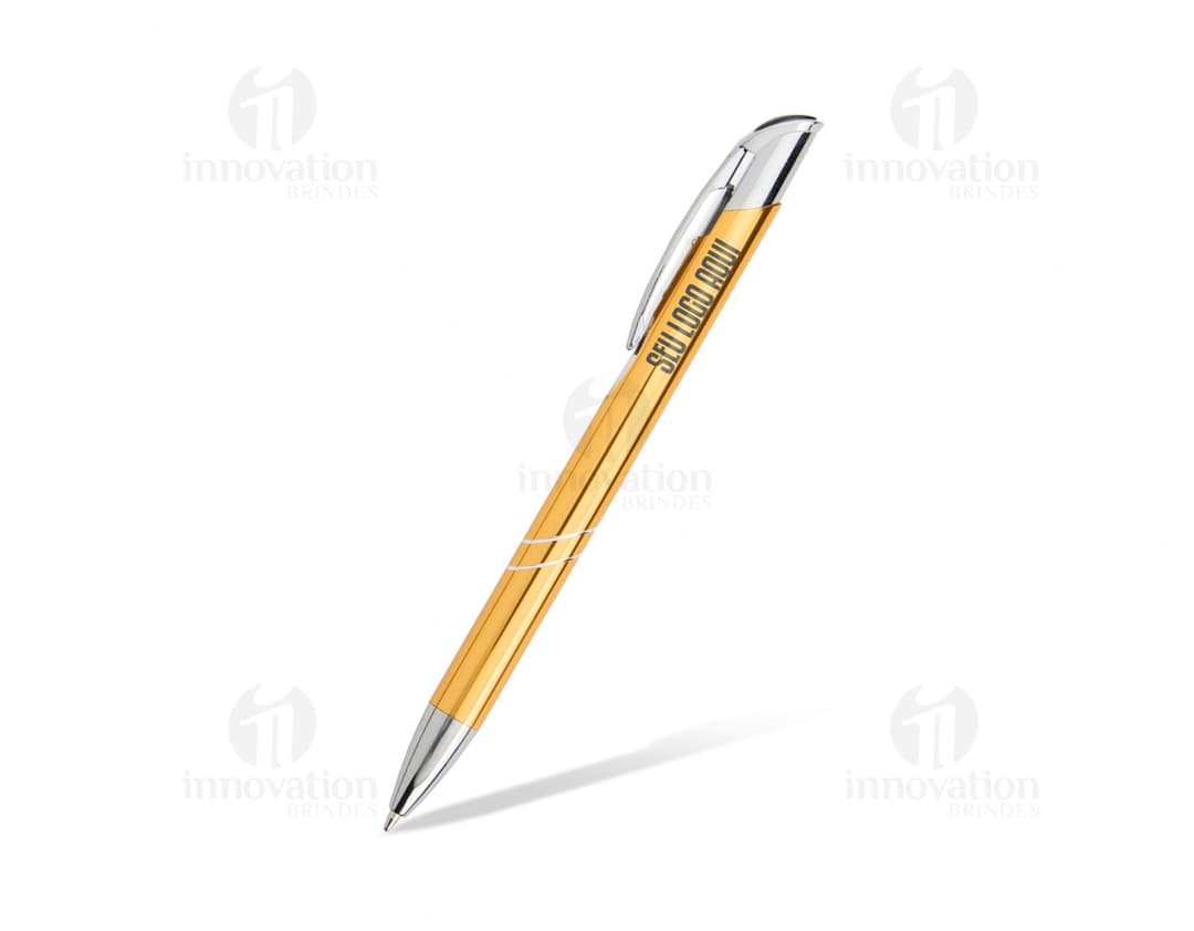 Caneta Metal Esferográfica em tons de prata e preto sobre fundo branco.