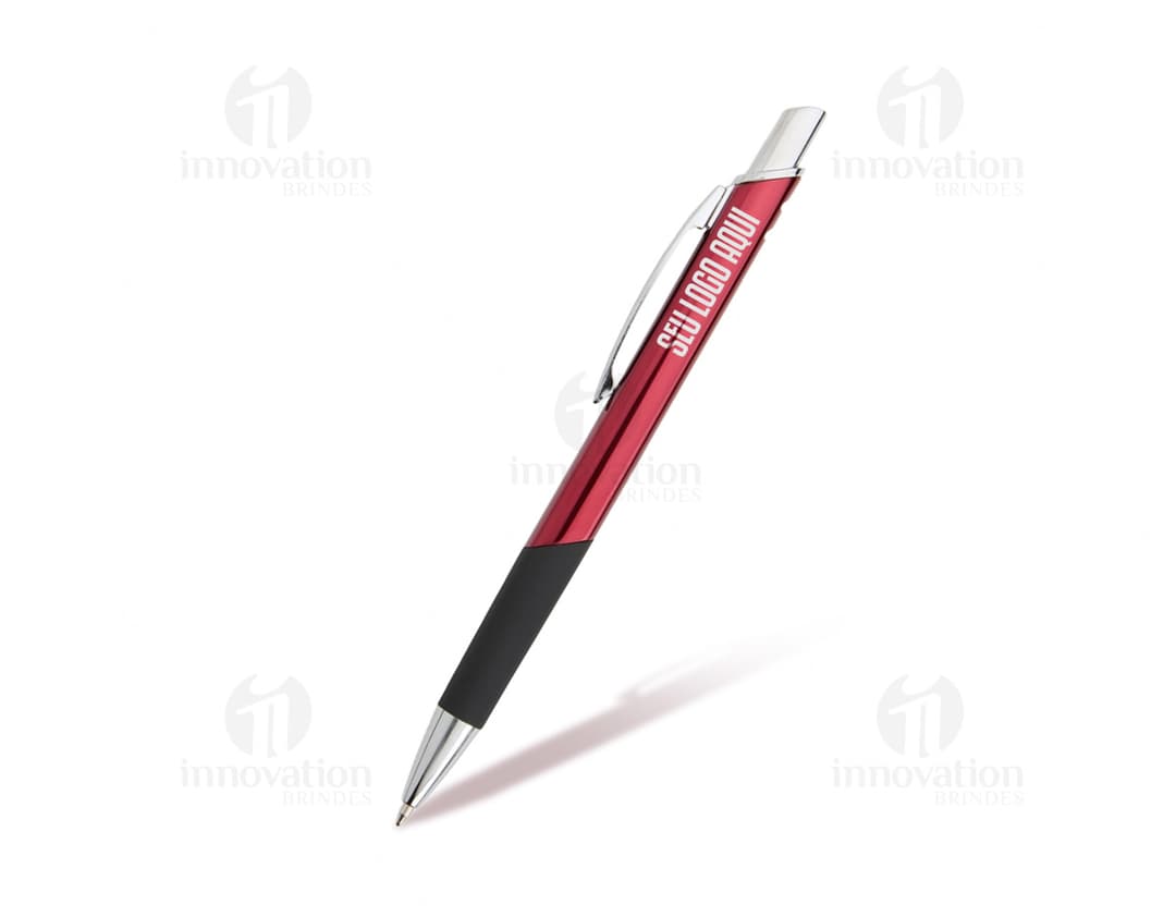 Caneta Metal Esferográfica, corpo metálico prateado, ponta esfera, tinta preta.