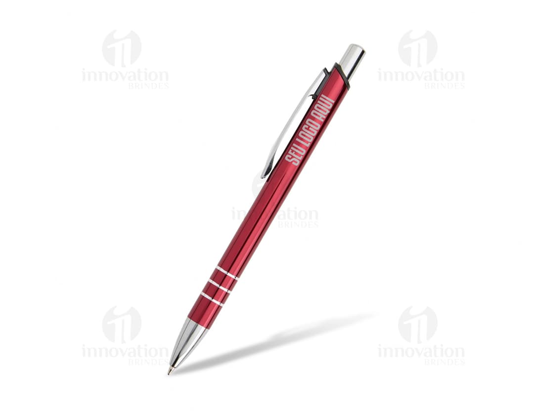 Caneta Metal Esferográfica em cor prateada com detalhes em preto.