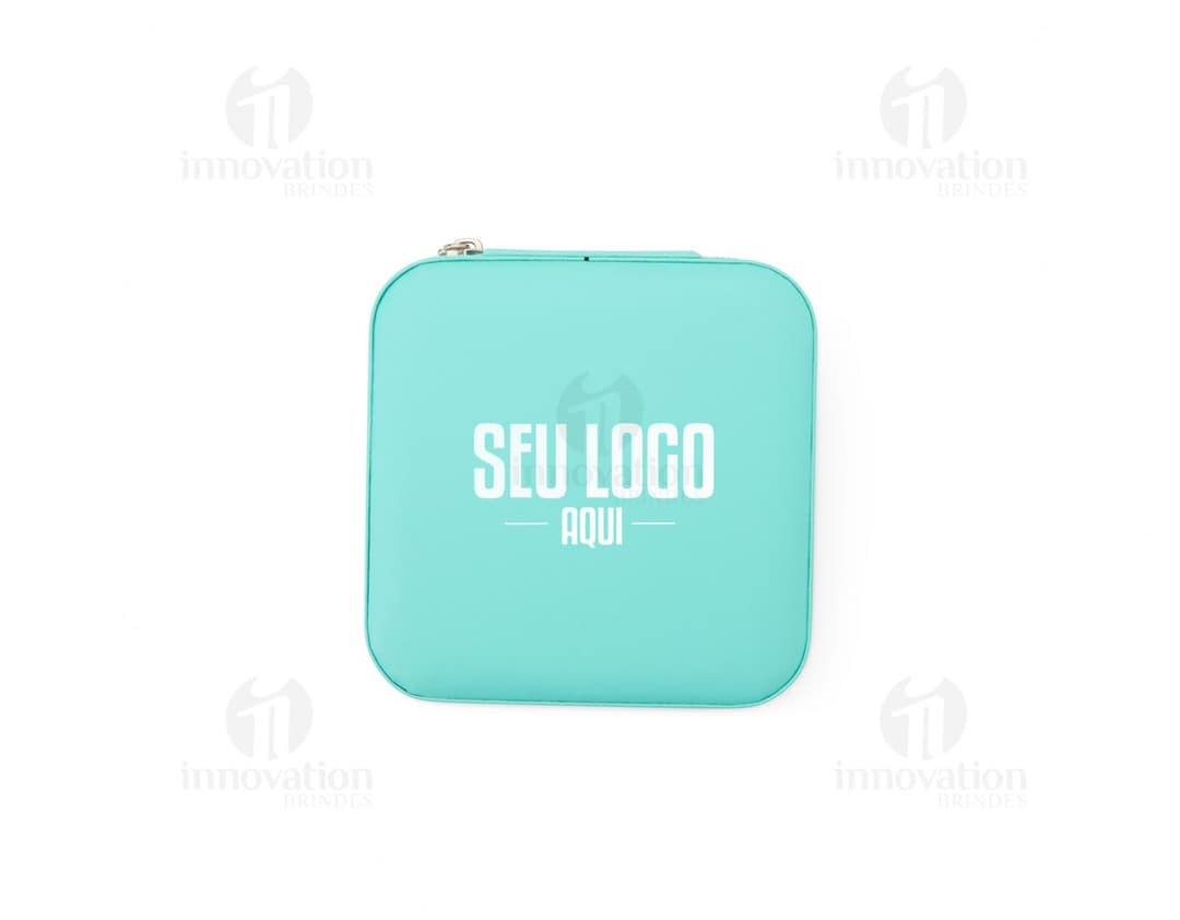 Porta-Joias Compacto com Espelho em cor branca, com compartimentos internos para organização de joias e um espelho na tampa.