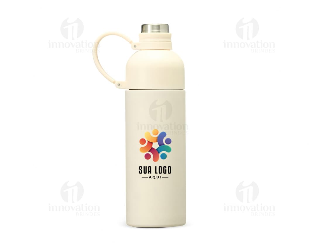 Garrafa Térmica 460ml na cor verde limão, com tampa de rosquear e alça para transporte.