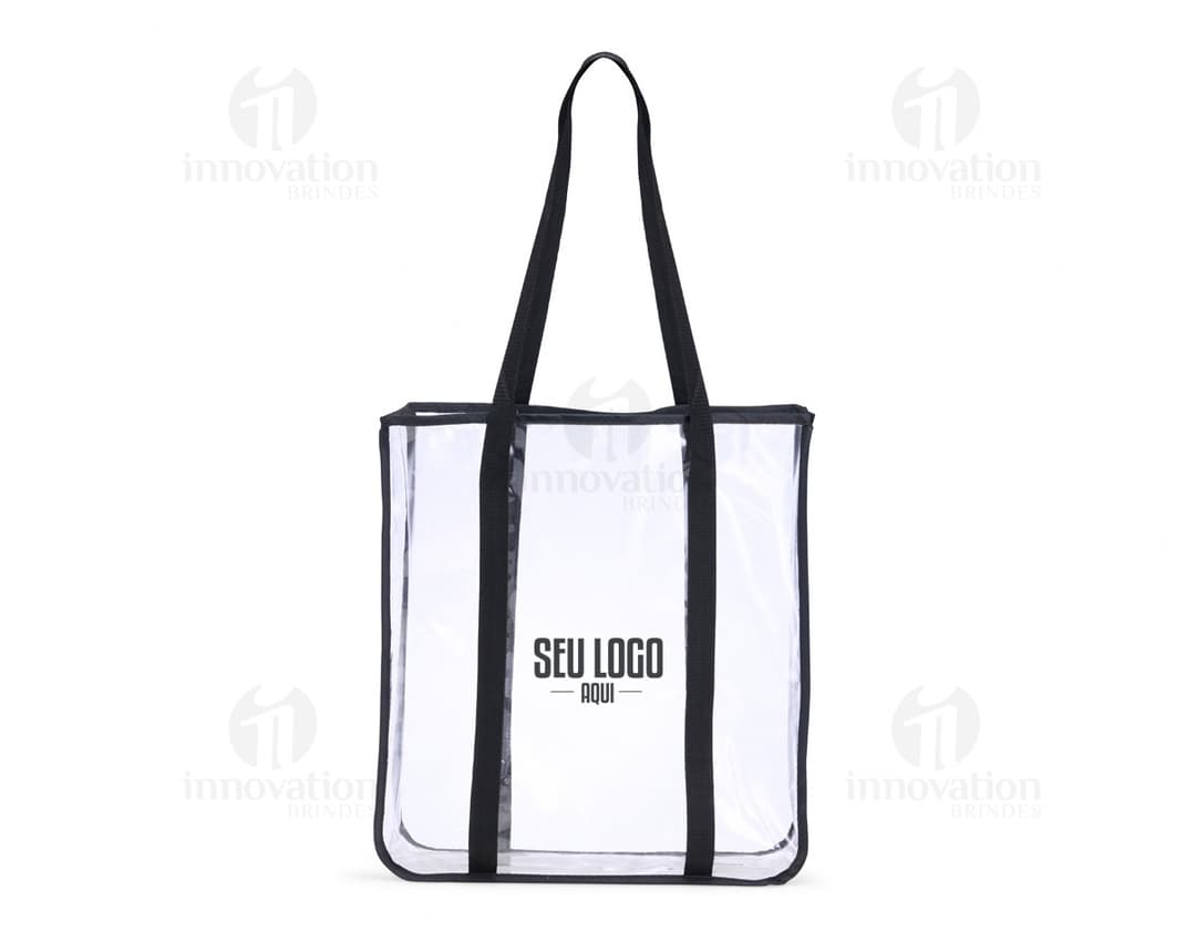 Sacola plástica branca com alças, ideal para compras no supermercado.