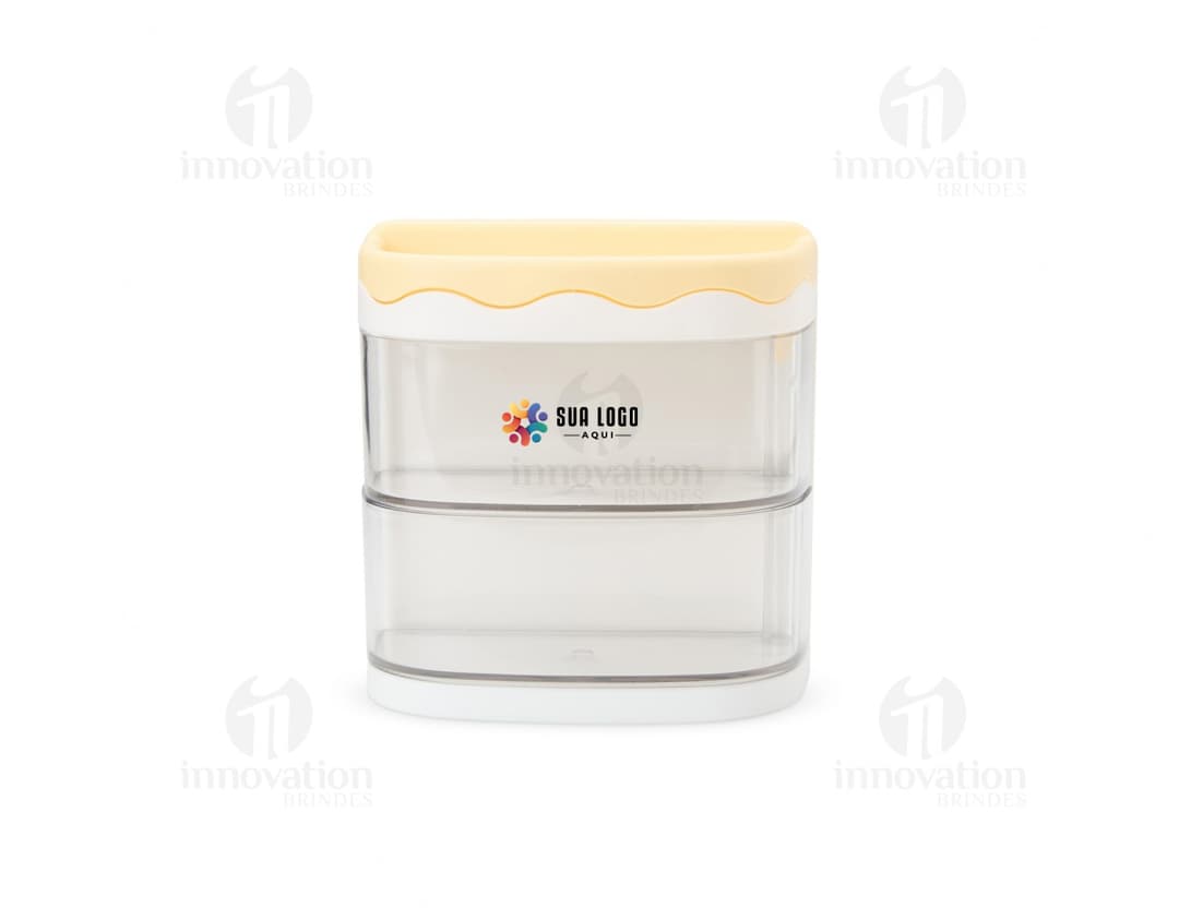 Organizador de Mesa em madeira com divisórias e gaveta, ideal para armazenar papéis e materiais de escritório.