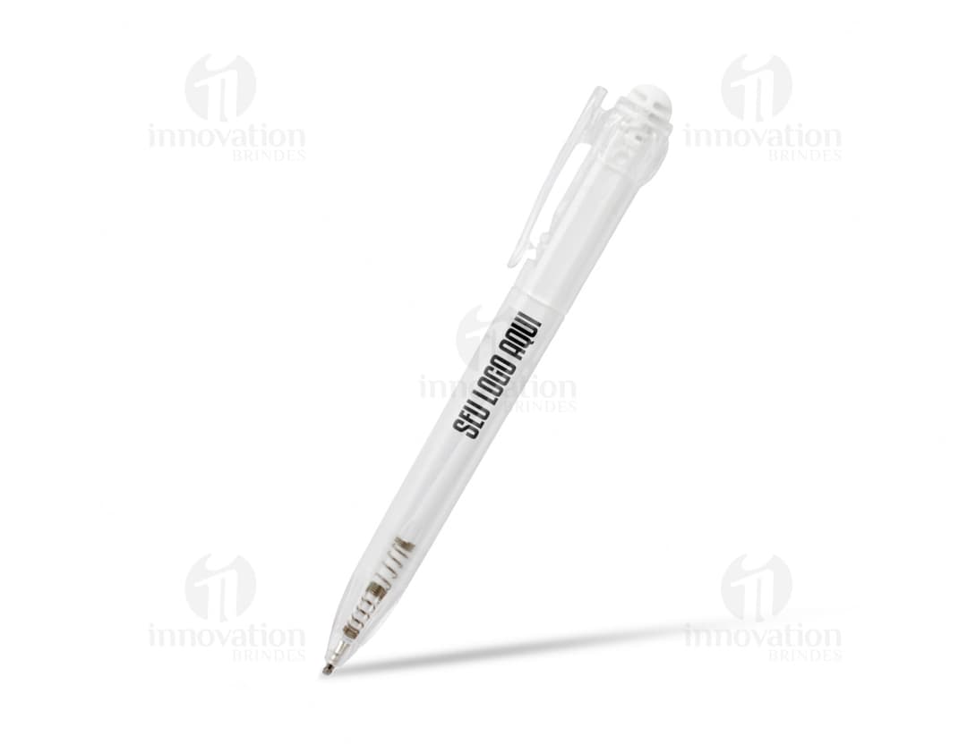 Caneta plástica azul com tampa e corpo transparente com detalhes em metal.