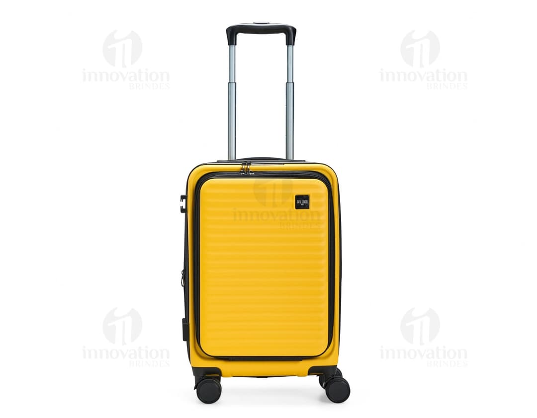 Mala de Bordo ABS 32 Litros em cor preta, com quatro rodas duplas, alça retrátil e fecho de zíper.