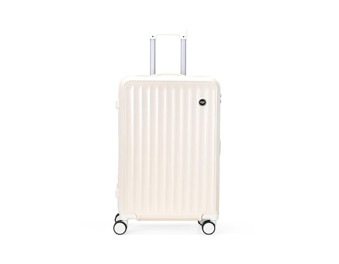 Mala de viagem de 66 litros em azul com rodinhas e alça retrátil.