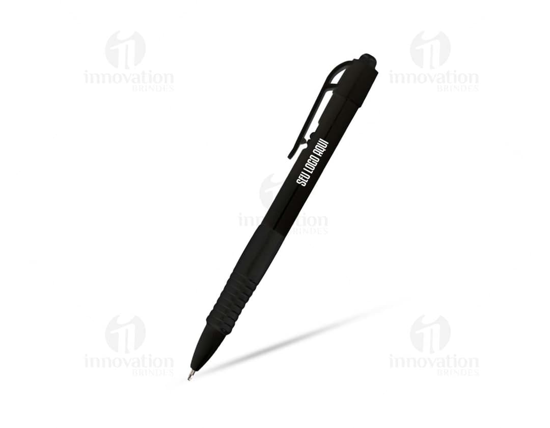 Caneta plástica preta e prateada, moderna e elegante. Ideal para uso em casa, escritório ou escola. Ótima para escrever e desenhar, com corpo de plástico resistente e ponta de metal afiada.