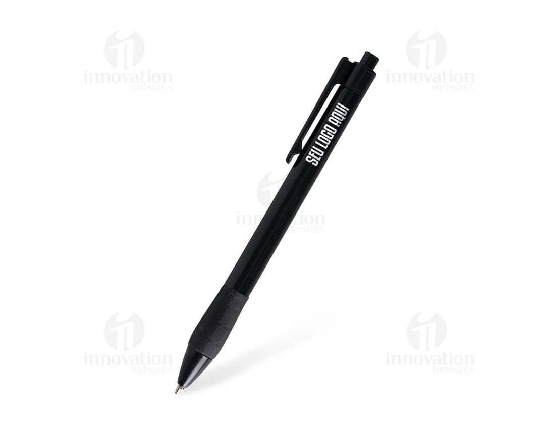 Caneta plástica azul com tampa e corpo transparente.