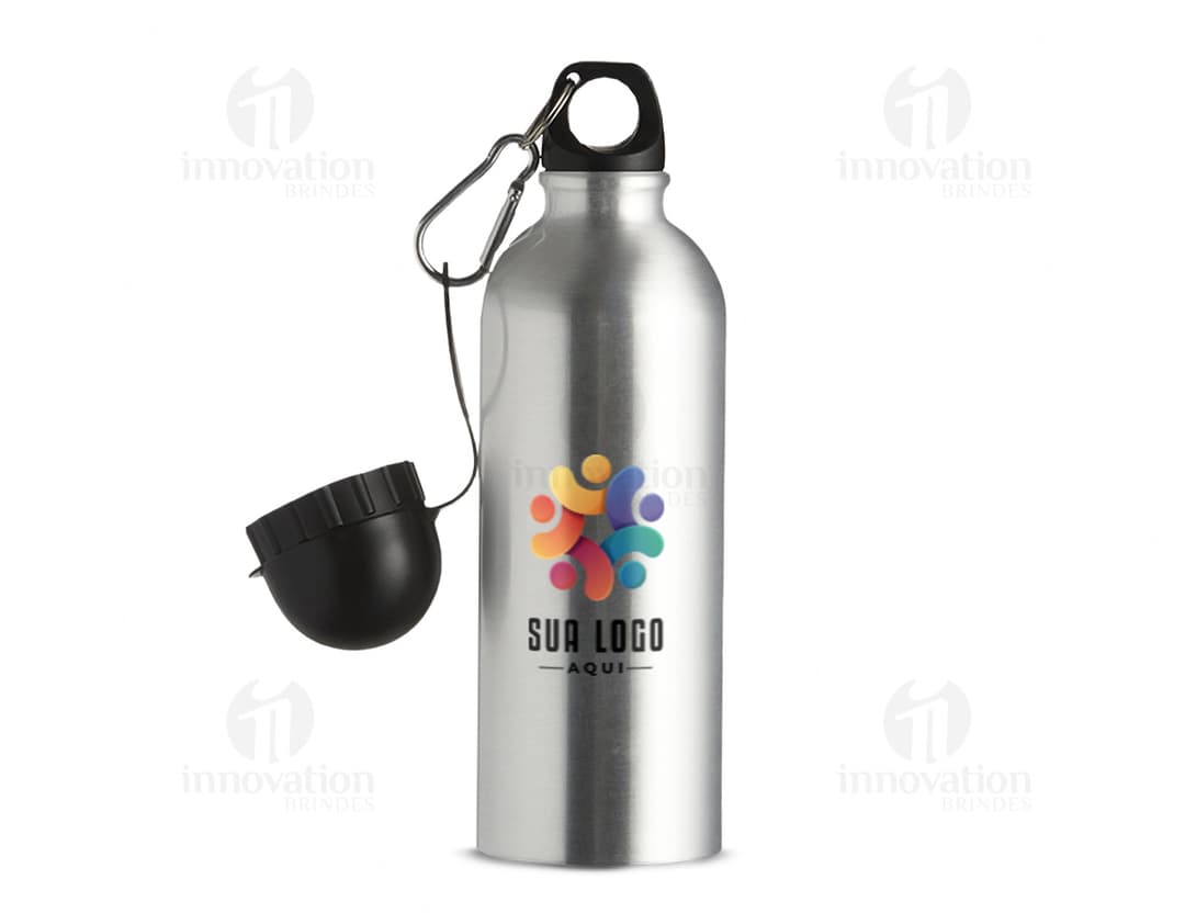 Squeeze de alumínio sublimático de 500ml, com design personalizado e tampa da cor preta.