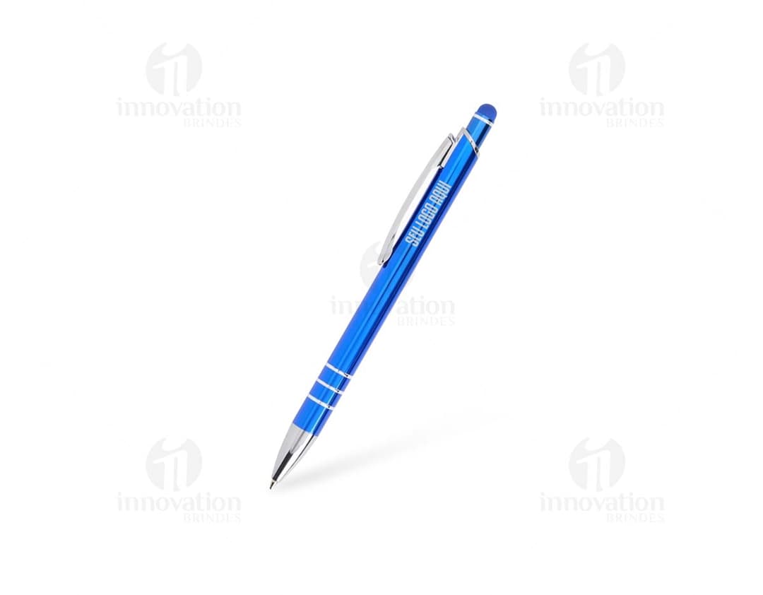 Caneta Metal Touch em cor preta, com detalhes cromados e ponta touchscreen na parte superior.