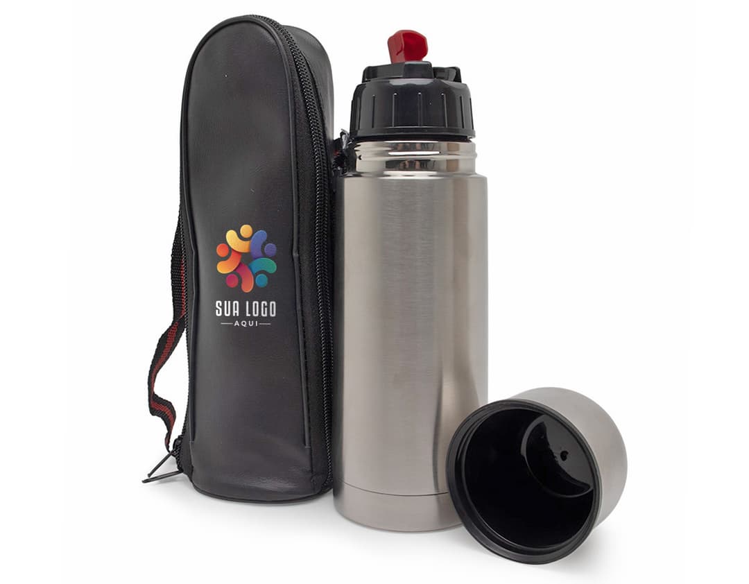Garrafa térmica em aço inoxidável com capacidade para 350ml em fundo branco.
