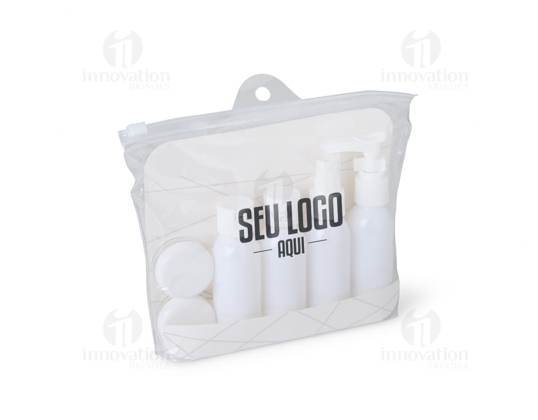 Kit viagem plástico 6 peças em diferentes tamanhos e cores.