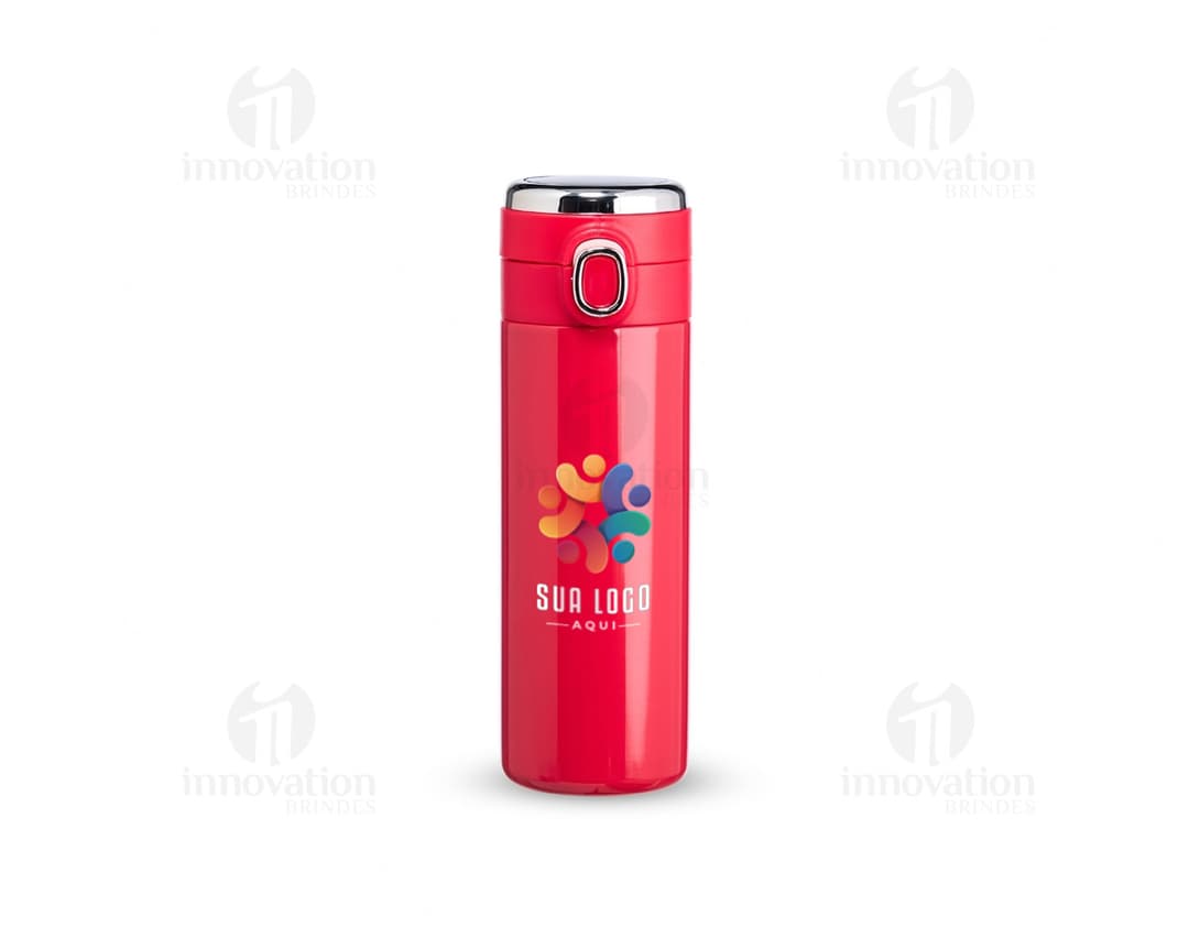 Garrafa Térmica em Inox 400ml na cor prata, com tampa e alça de transporte.