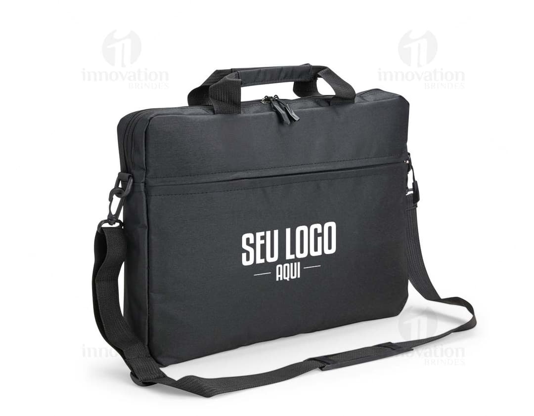 Pasta notebook em couro preto com alça de mão e zíper, estilo moderno e elegante. Ideal para viagens de negócios, possui compartimentos espaçosos e fecho seguro.