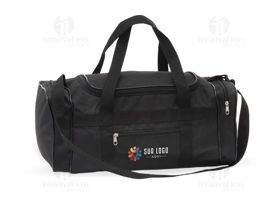 Bolsa de nylon preta com alça de couro, zipper e fivela. Moderna e elegante, ideal para compras e viagens. Único compartimento de 23 litros, com bolsos internos e externos. Elegante e prática, combina estilo e funcionalidade.