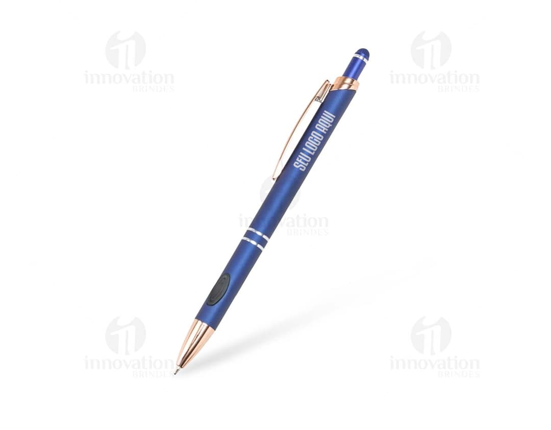 Caneta Metal Touch em tom de prata, com ponta touch screen na extremidade oposta à ponta da caneta.