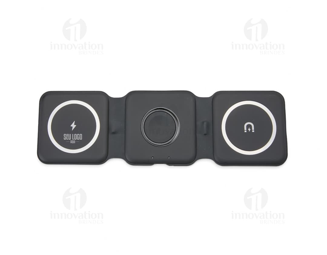 Carregador via Indução 3 em 1 com scanner e detector de tecnologia eletrônica, equipamento moderno para armazenar e transferir dados digitalmente. Inclui teclado, tela, laptop, telefone celular, disco, e diversos acessórios eletrônicos.