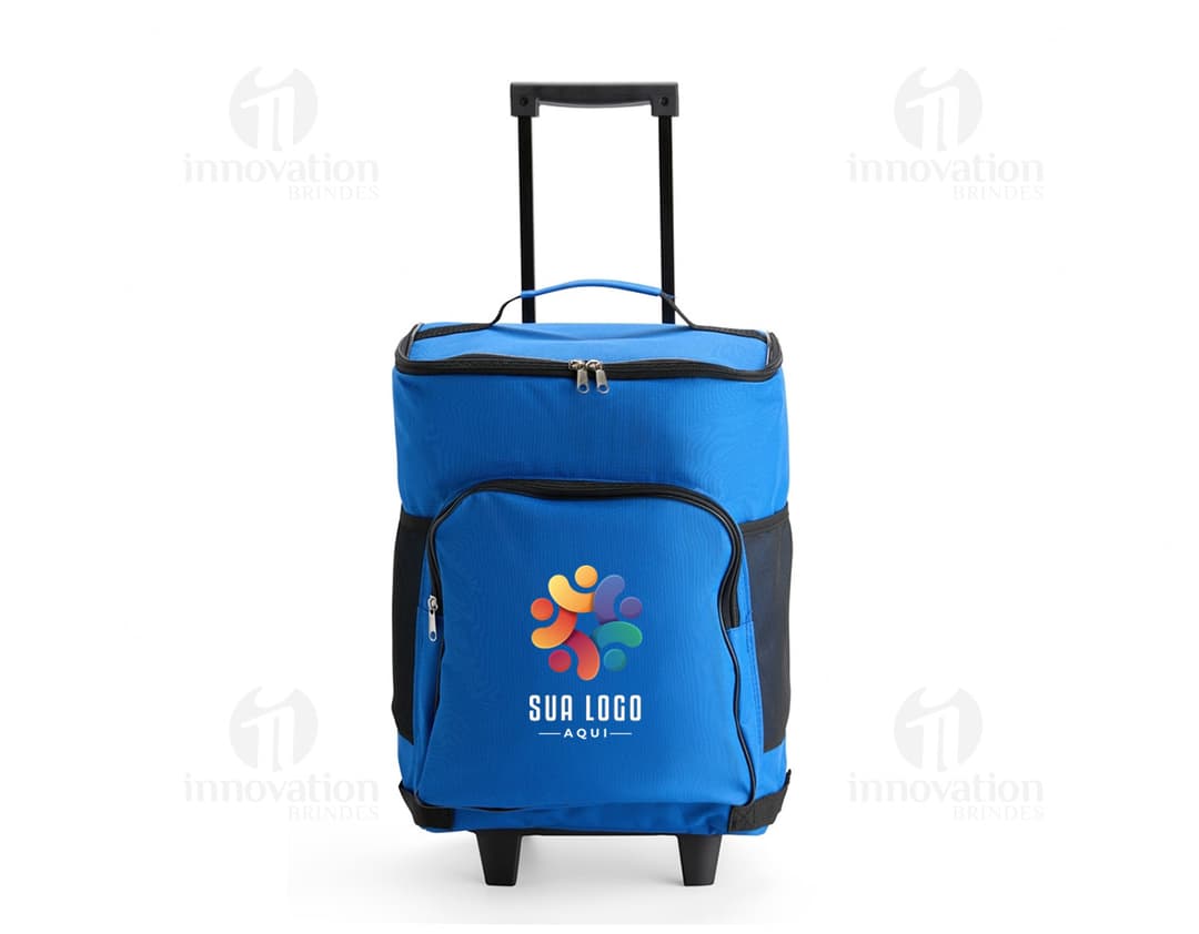 Bolsa Térmica 23L com Rodinhas em cor azul, ideal para transportar alimentos e bebidas de forma prática e mantendo a temperatura.