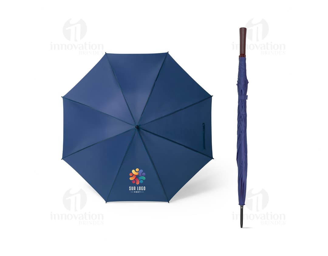 Guarda-chuva em poliéster 190T na cor azul, dobrado e fechado sobre fundo branco.