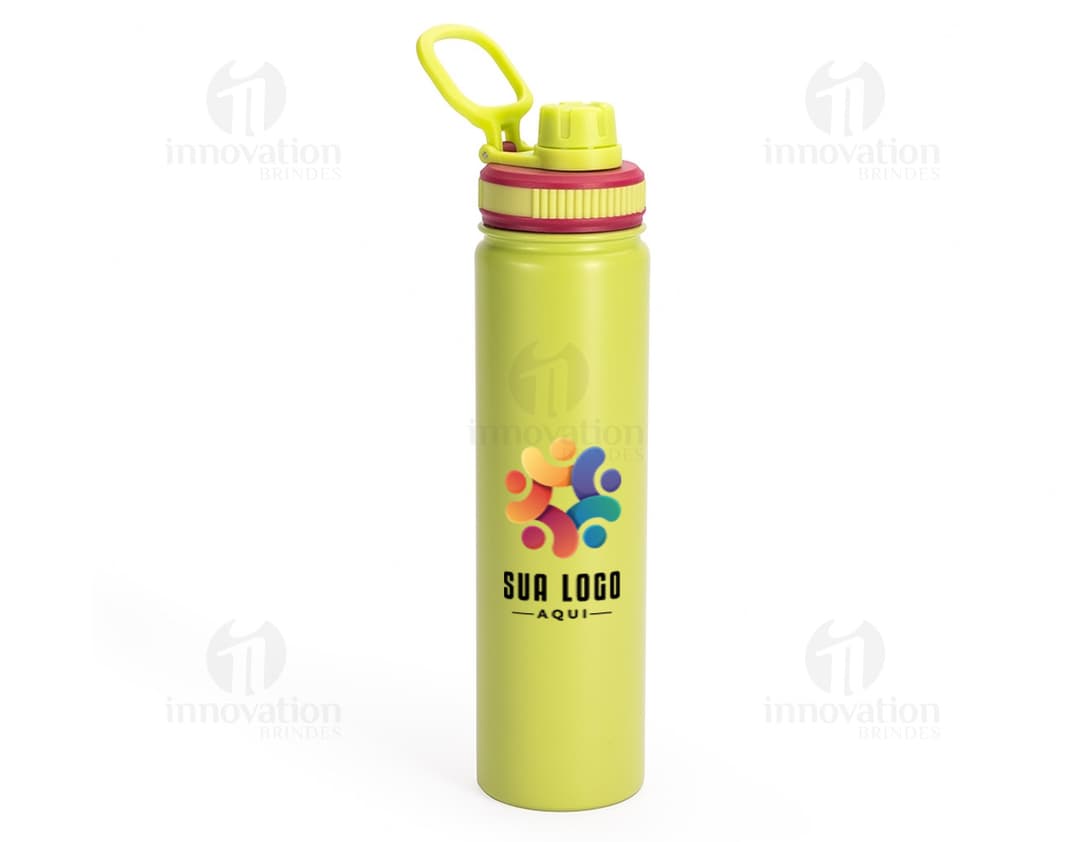 Garrafa térmica 750ml em cor prata com tampa rosqueável e alça para fácil transporte.
