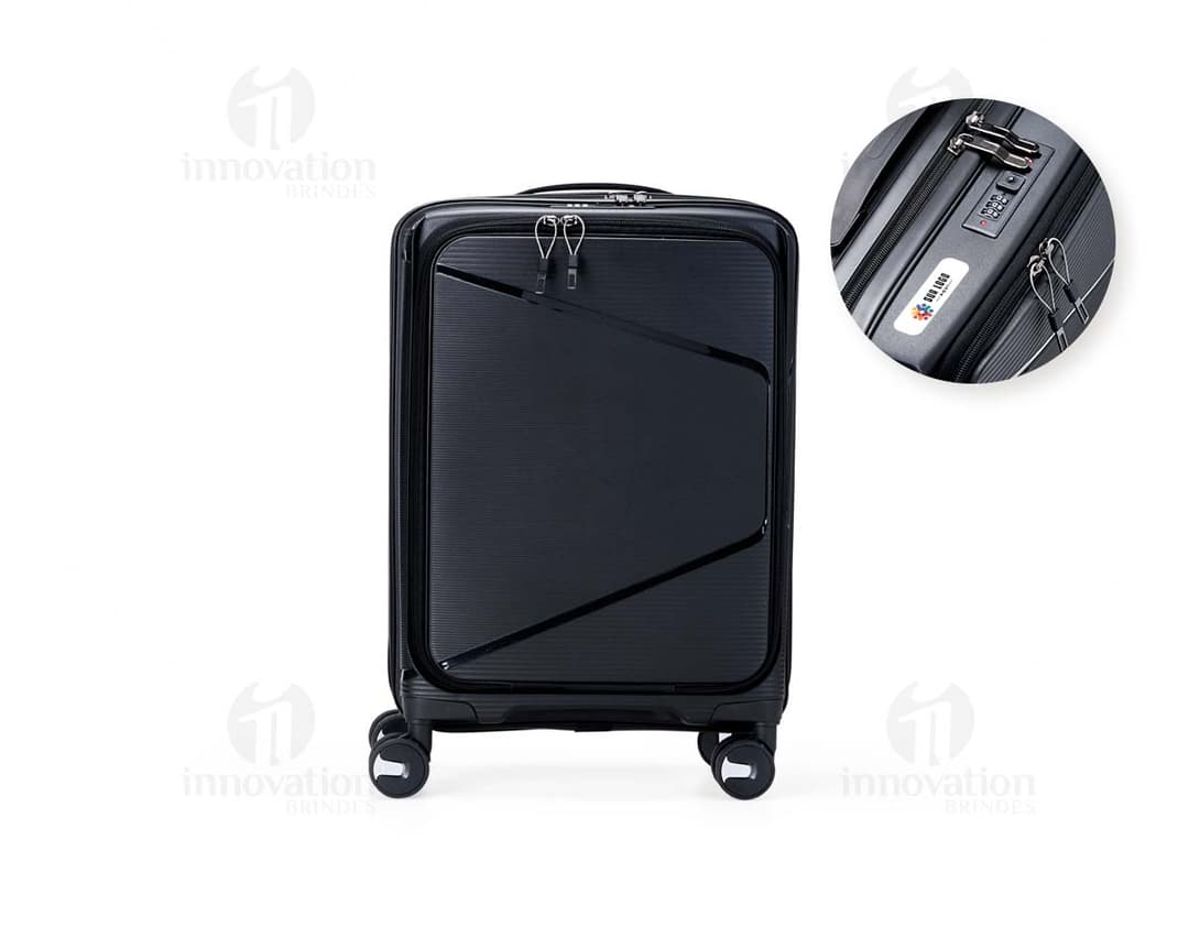 Mala de viagem de 36 litros na cor preta, feita de material resistente e com rodinhas para facilitar o transporte.