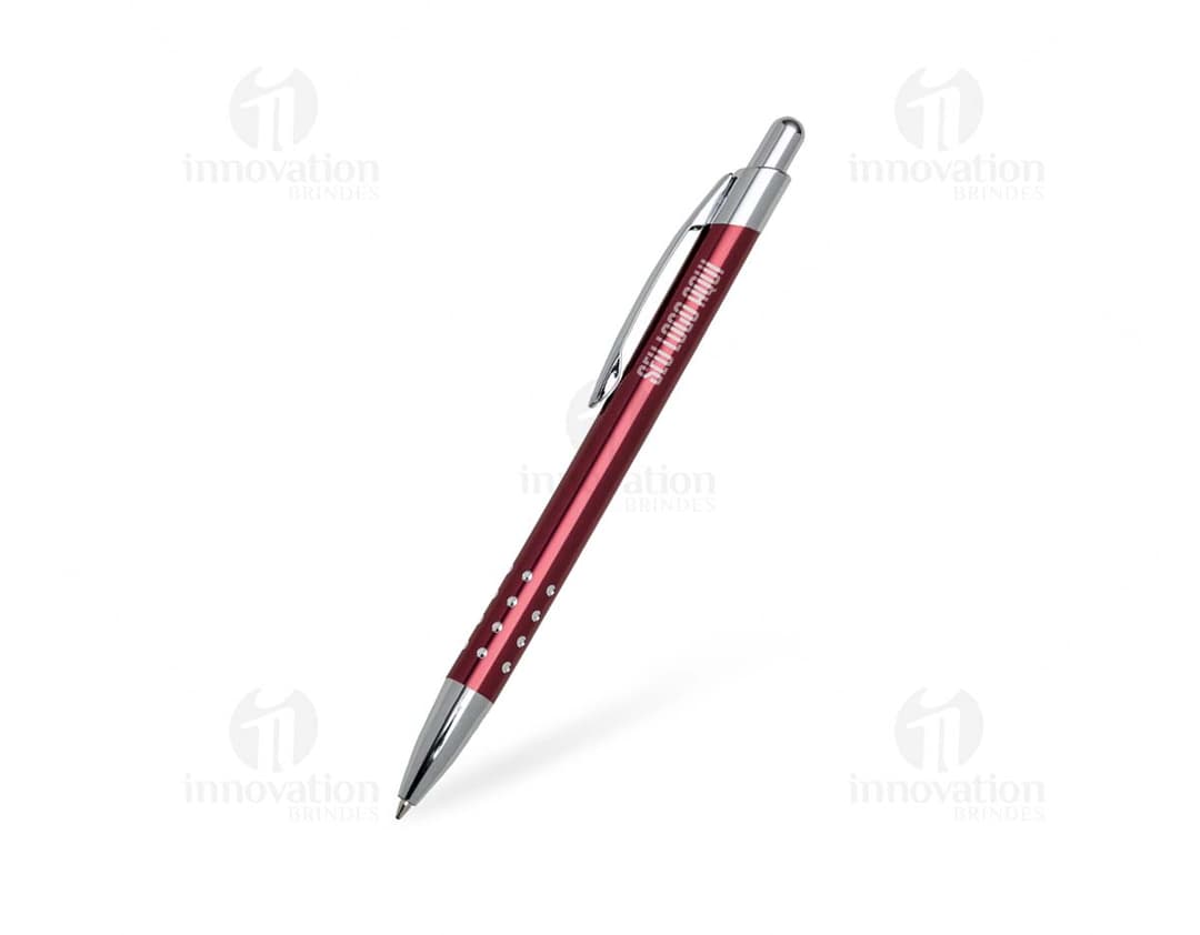 Caneta metal prateada com detalhes em preto e tampa removível.