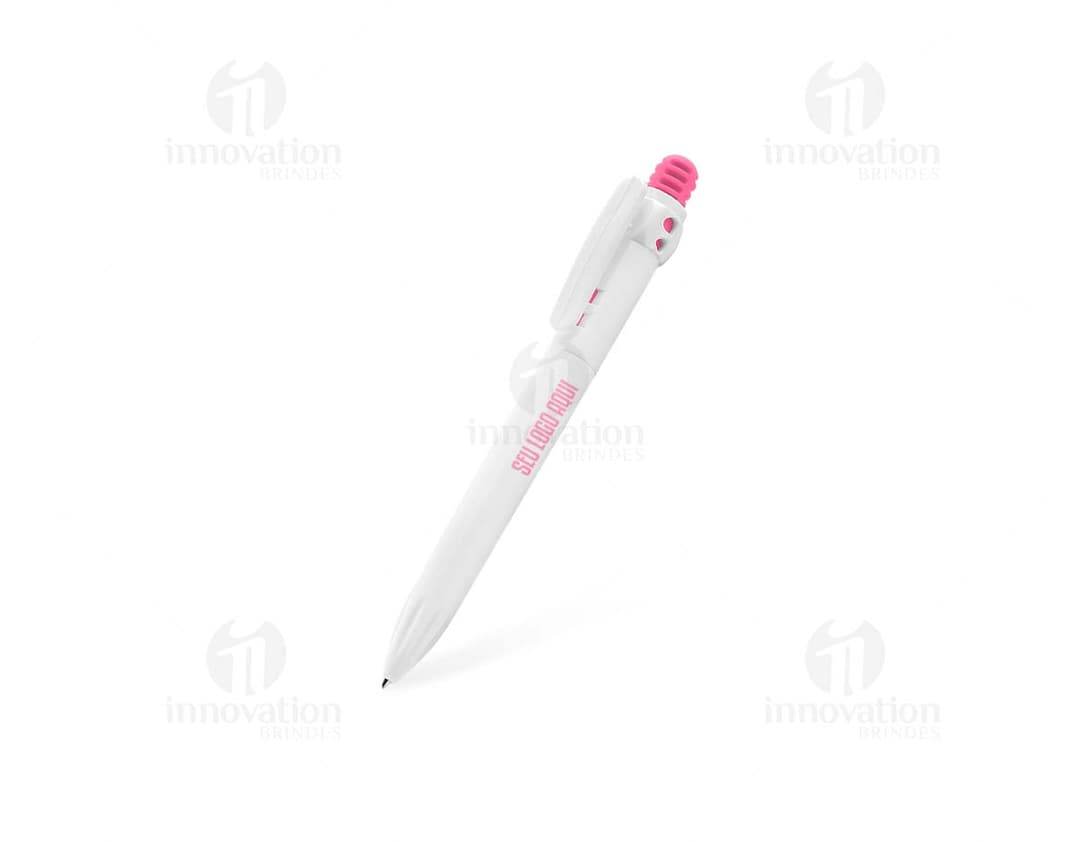 Caneta plástica esferográfica retrátil azul sobre fundo branco.