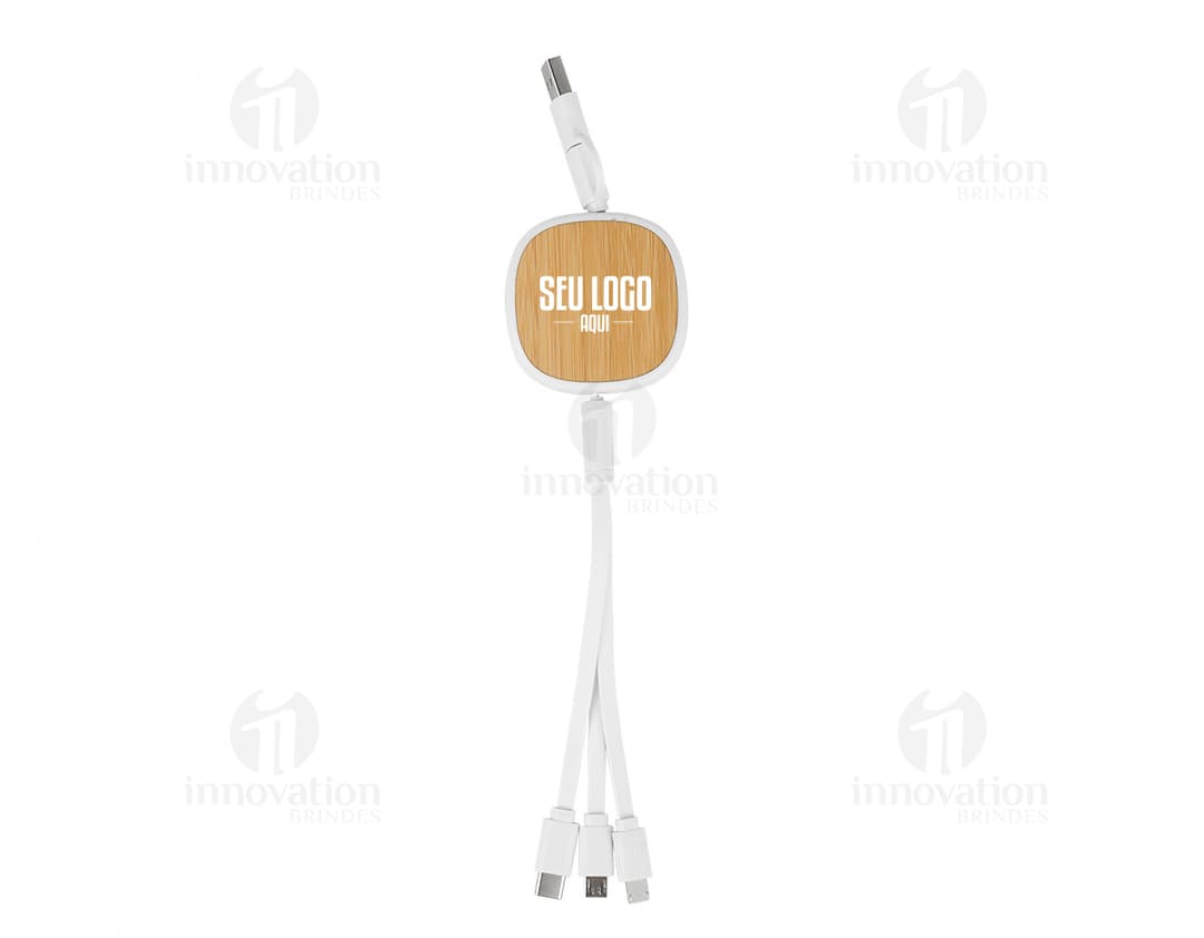 Cabo para carregamento 3 em 1 em cores preta, branca e rosa, com conectores USB, micro-USB e Lightning.